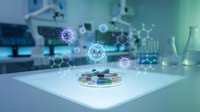Young female scientist of mixed ethnicity examining colorful pharmaceutical pills and capsules with glowing molecular structures and virus particles floating above in modern laboratory setting.
