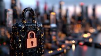 Padlock made of digital code and circuit patterns with glowing lock symbol, set against blurred cityscape at dusk. Represents cybersecurity, data protection, and network safety for technology and business applications.