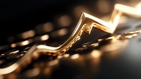 Glowing golden wave line on dark background with bokeh light effects creates dynamic motion and abstract luxury design element for financial concepts.
