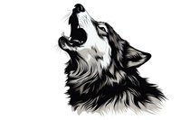Howling wolf head in black and white artistic style with detailed fur texture and dramatic expression on isolated background, suitable for logo design and merchandise.