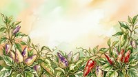 Watercolor illustration of vibrant chili peppers and flowering plants with green foliage on cream background, suitable for culinary designs and botanical artwork.