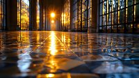 Dramatic sunlight streaming through stained glass windows reflects on wet stone floor creating golden reflections and patterns in ancient church interior.