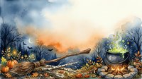 Watercolor autumn forest scene with glowing cauldron, broomstick, pumpkins and bare trees at sunset, suitable for fall seasonal designs and Halloween themed projects.