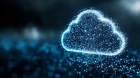 Glowing digital cloud shape formed by connected dots and lines against dark background illustrates cloud computing and data storage technology concept.