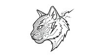 Fierce tiger head profile with lightning bolt marking black line art illustration isolated on white background for tattoo designs and apparel graphics.