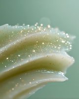 Delicate white flower petals with sparkling golden glitter and bokeh effects on mint green background, creating dreamy macro photography art.