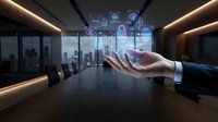 Businessman in suit holding digital security icons and padlock symbols in modern office conference room with city skyline view, representing cybersecurity and data protection.