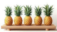 Fresh ripe pineapples arranged in row on wooden shelf against white background, tropical fruits composition for healthy eating and summer design.