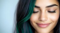 Young Asian woman with green hair highlights smiling peacefully with eyes closed against light background, showcasing natural makeup and modern hair coloring trend.