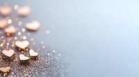 Romantic rose gold hearts and glitter scattered on soft blue background with bokeh lights creating magical festive atmosphere for valentines day celebration.