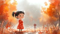 Young girl in red dress standing near cross in autumn forest, atmospheric misty scene with orange foliage and ethereal lighting, digital art illustration style.