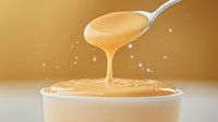 Creamy caramel sauce dripping from spoon into white bowl with splashing drops on golden background, macro food photography with soft focus effect.
