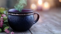 Steaming black ornate teacup with floral pattern on rustic wooden surface, soft bokeh lights and pink flowers creating cozy atmosphere. Perfect for wellness blogs.