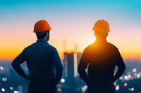 Two construction workers in hard hats silhouetted against vibrant sunset sky overlooking city skyline with glowing lights, symbolizing engineering and urban development.