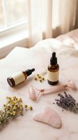 Amber glass dropper bottles with essential oils, rose quartz roller, gua sha stone, dried lavender and chamomile flowers arranged on marble surface near window for skincare and wellness routines.