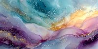 Abstract watercolor waves in turquoise, purple and gold with glitter sparkles creating flowing organic patterns for modern art and luxury design projects.