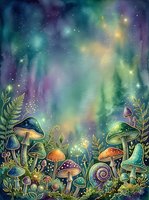Enchanted forest floor with glowing mushrooms, ferns, and magical aurora lights in purple, green, and gold tones. Whimsical woodland scene for fantasy and nature designs.