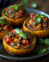 Stuffed round zucchini with minced meat, cherry tomatoes and fresh basil served on dark plate. Close up view of homemade Mediterranean appetizer.