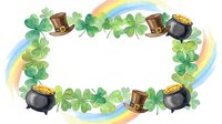Watercolor St. Patrick's Day frame with shamrocks, leprechaun hats, gold pots and rainbow border on white background for festive holiday designs.