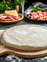 Fresh pizza dough on wooden board with ham, cheese and tomatoes in background. Raw stretched homemade crust ready for toppings on dark countertop.