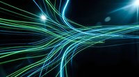 Abstract flowing light trails in blue and green creating dynamic energy waves on dark background for modern digital design projects.