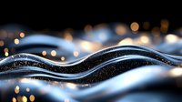 Flowing abstract waves with glowing blue light effects and golden bokeh particles on dark background create dynamic modern design composition.