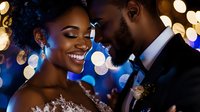 Young African American couple sharing intimate moment at wedding celebration with romantic bokeh lights and elegant evening attire, expressing joy and love.