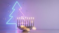 Hanukkah menorah with lit candles and neon Christmas tree outline on purple gradient background creating festive holiday celebration atmosphere.