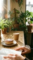 Person reading newspaper at wooden table with pastry, coffee cup, and potted plants by sunny window, ideal for lifestyle and leisure content.