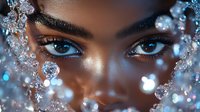Close up portrait of African American woman with bright blue eyes surrounded by water drops and sparkles creating magical beauty effect. Artistic makeup.