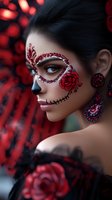 Young woman with sugar skull makeup in red and black tones, wearing ornate crystal face decorations and rose details, against dark atmospheric background.