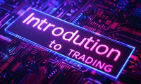Glowing neon introduction to trading text on circuit board background with purple and blue technological pattern, modern financial technology concept.