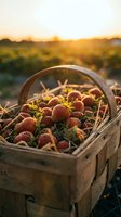 Rustic wooden basket filled with freshly picked strawberries at golden sunset on a farm, warm light glowing over lush berry fields.