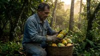 Mature Caucasian farmer harvesting fresh cacao pods in tropical plantation during golden hour sunlight filtering through lush green foliage.