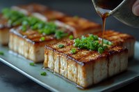 Grilled tofu blocks with teriyaki sauce being poured over, garnished with fresh green onions on dark plate for Asian cuisine cooking.
