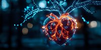 Glowing heart-shaped network of orange light trails against dark blue background with bokeh effects and luminous particles, symbolizing love and connection.