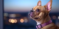 French Bulldog puppy with pink collar looking up attentively against blurred city lights background during blue hour, creating atmospheric portrait.