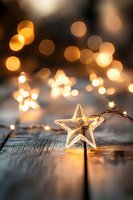 Glowing star-shaped Christmas light on rustic wooden surface with warm bokeh background creates magical holiday atmosphere for festive designs and cards.