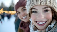 Young woman with fair skin and light eyes wearing cream knit beanie and winter coat smiling at outdoor ice skating rink with blurred friend in background during holiday season.