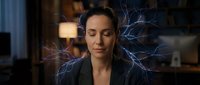 Woman with closed eyes surrounded by glowing electric blue lightning bolts, wearing dark blazer, indoor setting with warm lighting, representing power, energy, and mental strength.