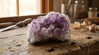 Raw amethyst crystal cluster on rustic wooden table in warm sunlit workshop setting for healing meditation and spiritual wellness practices.