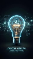 Digital health innovation concept with glowing lightbulb containing medical cross and circuit patterns on futuristic technology background for healthcare solutions.