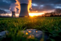 Nuclear power plant cooling towers at sunset with dramatic sky, viewed from ground level through dewy grass. Steam rises against golden sunlight creating atmospheric scene.
