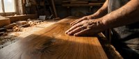 Skilled craftsman's hands smoothing natural wood grain in traditional workshop. Artisan woodworking process showcasing handmade furniture creation and carpentry expertise.