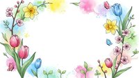 Watercolor spring flower frame with tulips, daffodils and cherry blossoms on white background. Floral border design for greeting cards and invitations.