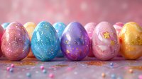 Colorful Easter eggs decorated with stars and speckles in pastel pink, blue, purple, and yellow tones arranged in row on glittery surface with soft bokeh background.