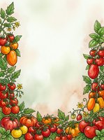 Watercolor botanical frame featuring ripe tomatoes in various stages of ripeness, yellow flowers, and green foliage arranged on left and bottom borders with cream background. Suitable for recipe cards, menus, and garden-themed designs.