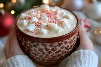 Cozy hands holding festive mug with hot chocolate topped with marshmallows and crushed candy cane pieces against blurred Christmas lights background.
