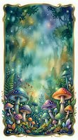 Enchanted forest scene with glowing mushrooms, magical lights, and mystical woodland atmosphere with ornate gold frame border.