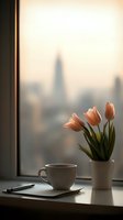 Peaceful morning scene with coffee cup and pink tulips on windowsill against blurred city skyline backdrop, creating serene urban atmosphere.